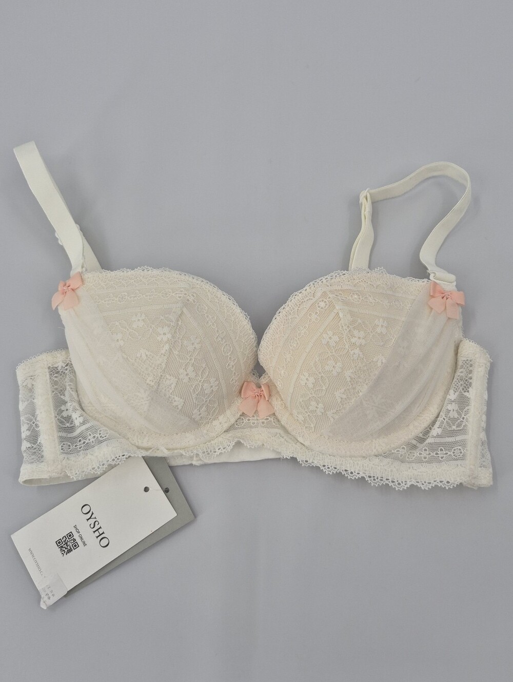 Oysho Cream Lace Trim Padded Push Up Bra UK 32B New Asian Fit Removable Pads